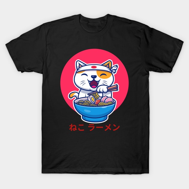 Neko Ramen, cat eating Ramen T-Shirt by JK Mercha